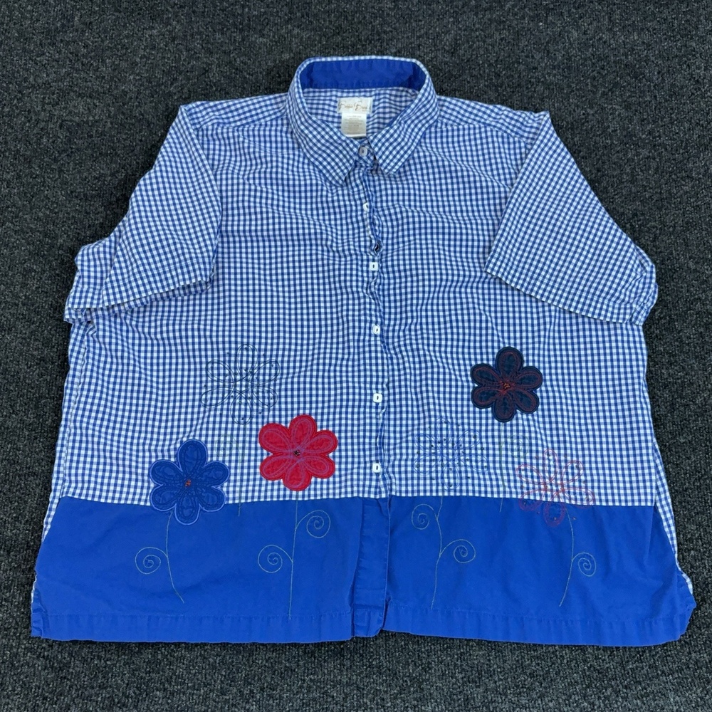 Bobbie Brooks Shirt Womens Plus 26W/28W Blue Check Embroidered Floral Button Top